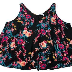 Boutique Womens Plus Size 2X Black Pink Floral Tank Top Blouse Layered Bright